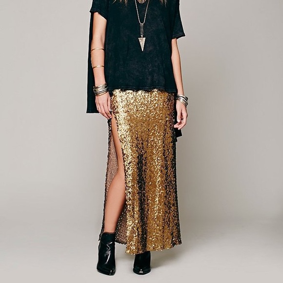 Free People Dresses & Skirts - Free People X Blu Moon Sequin Slit Skirt - gold